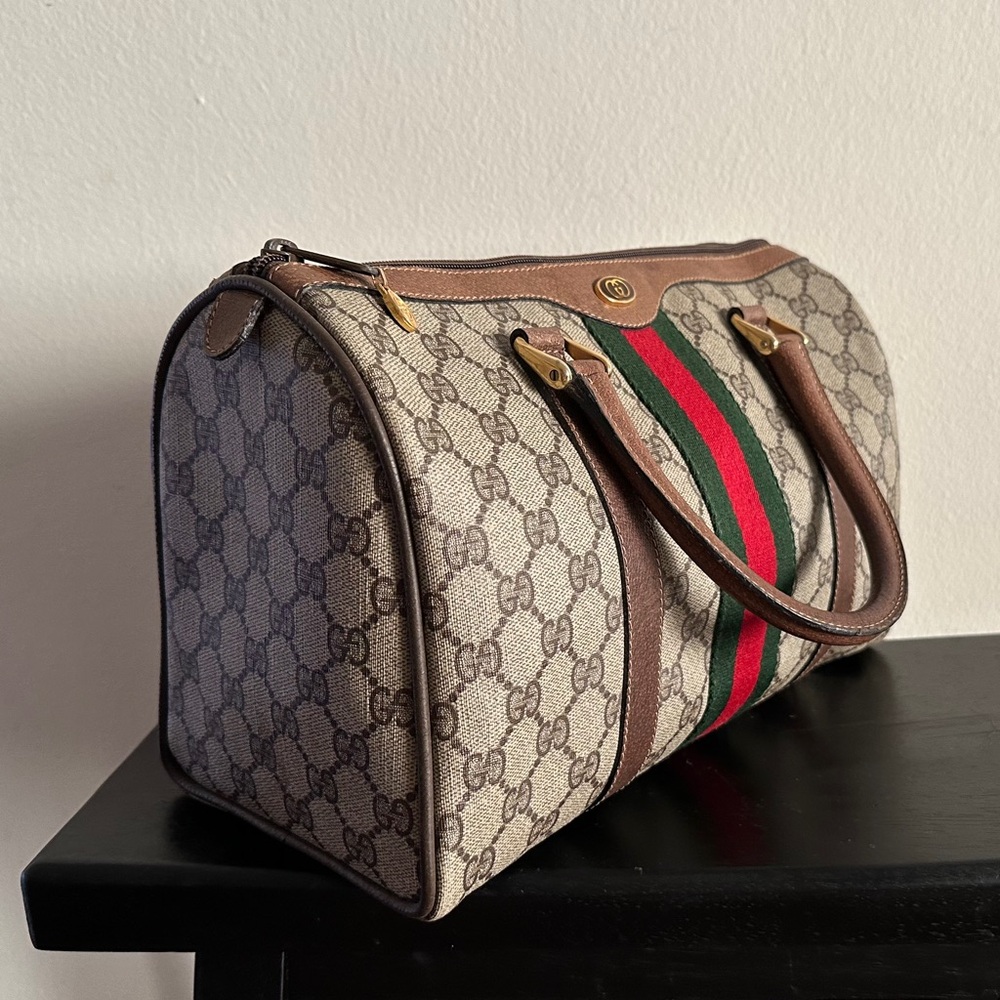 GUCCI Boston Bag $1295 Monogram Canvas, Dark Brown Leather Trim & Green-Red Web